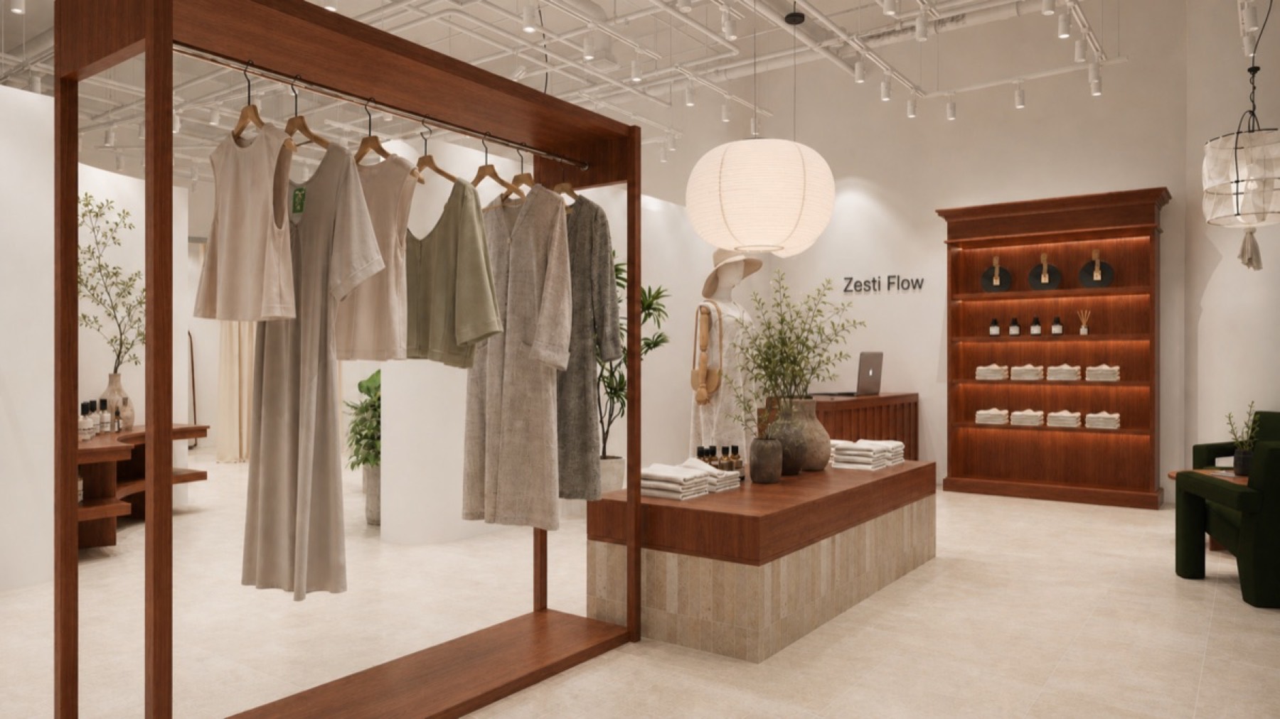 Designer neutral athleisure pieces on hangers