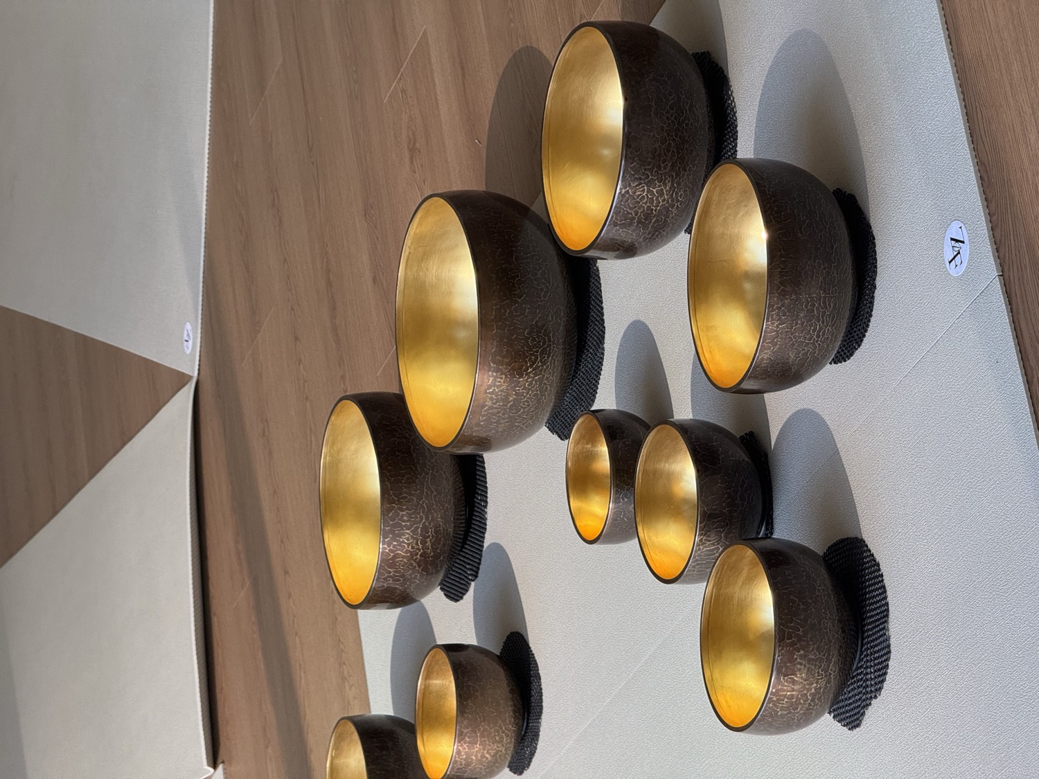 Close view of singing bowls arranged for meditation